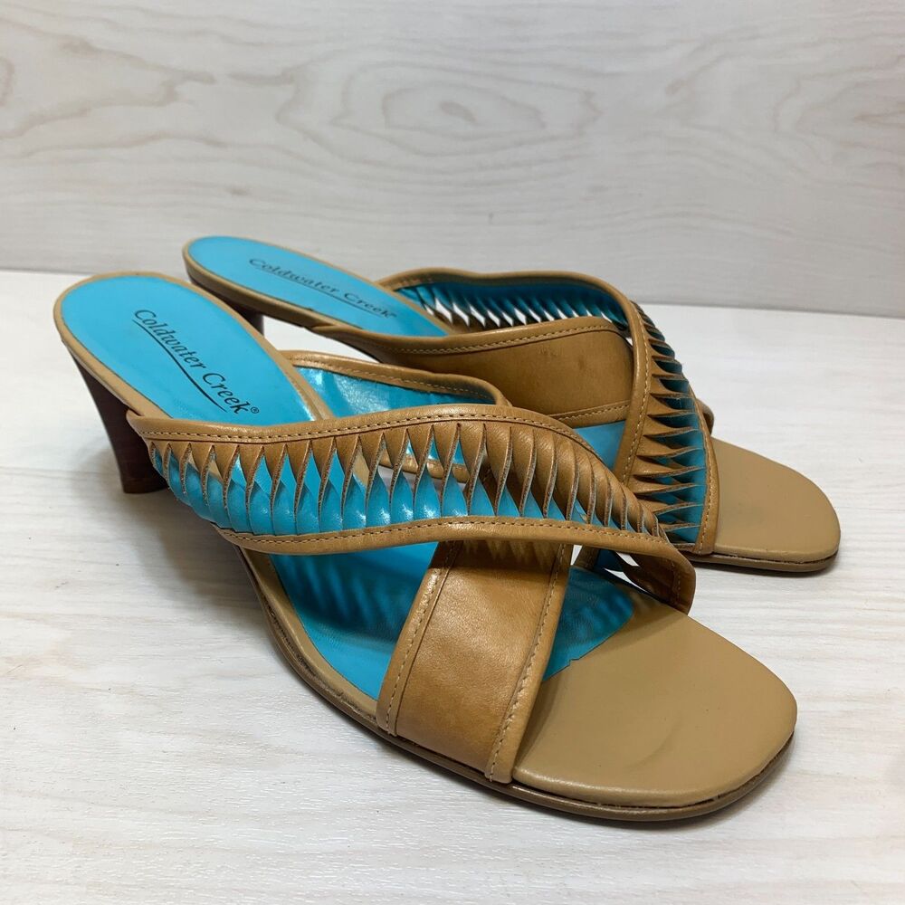Coldwater Creek Slide Sandals Womens 11M‎ Brown Turquoise Twisted Woven Leather